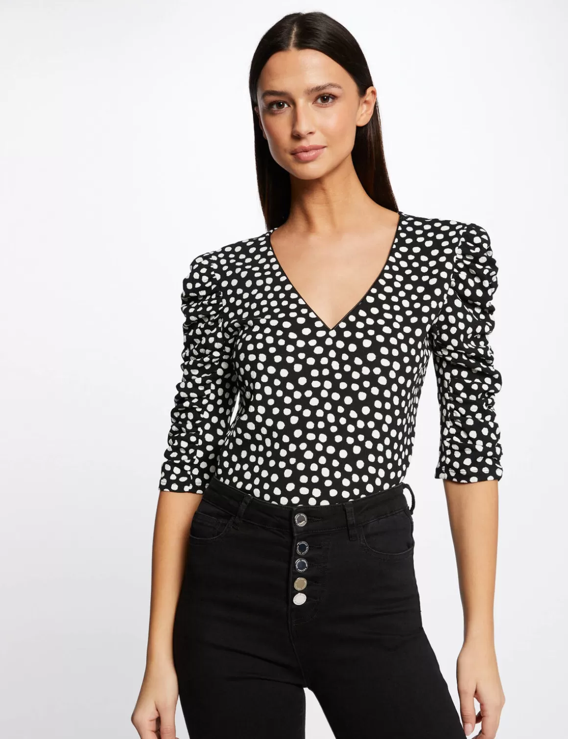 Morgan Tops Et T-Shirts>T-Shirt Manches 3/4 Imprime A Pois Femme | Noir