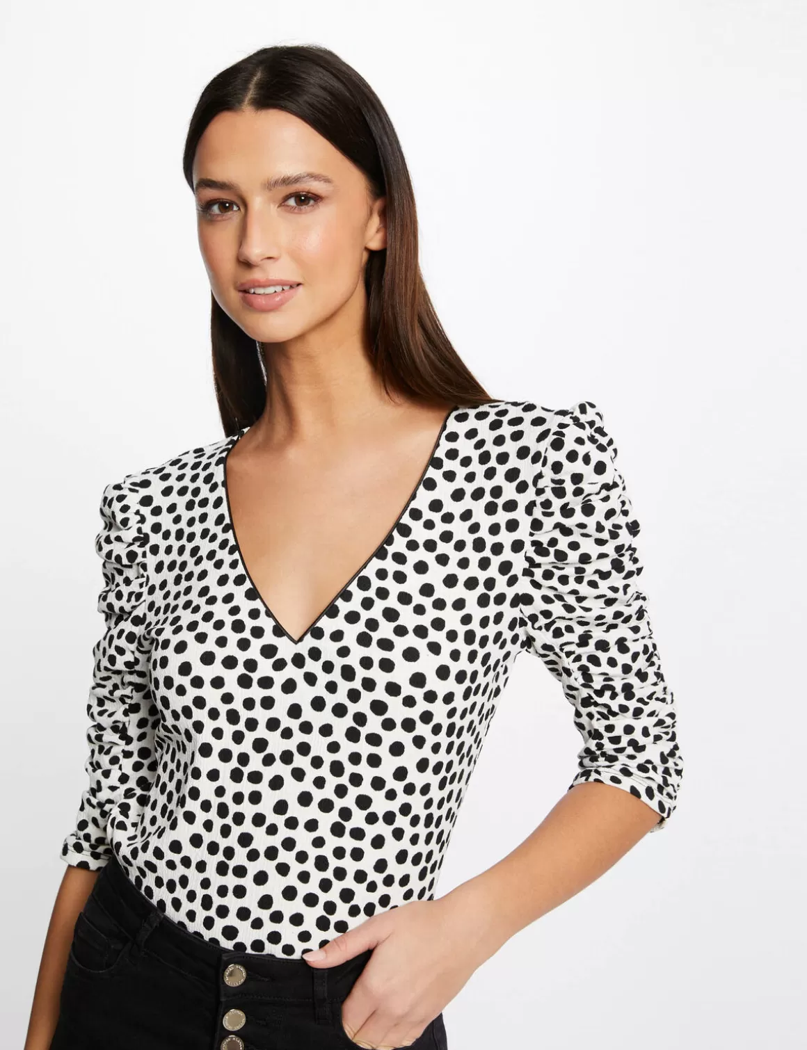 Morgan Tops Et T-Shirts>T-Shirt Manches 3/4 Imprime A Pois Femme | Ecru