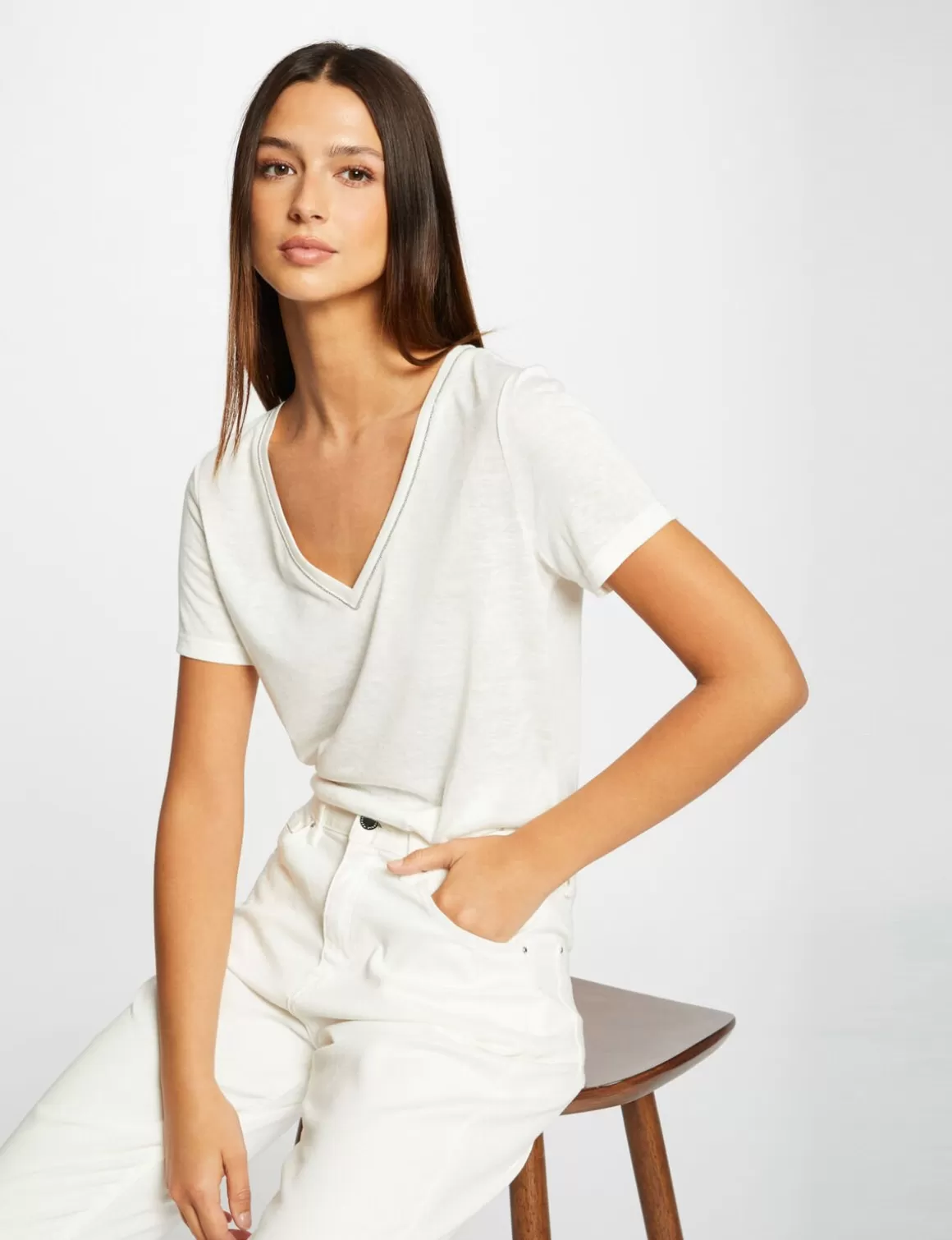 Morgan Tops Et T-Shirts>T-Shirt Manches Courtes A Col En V Femme | Ecru