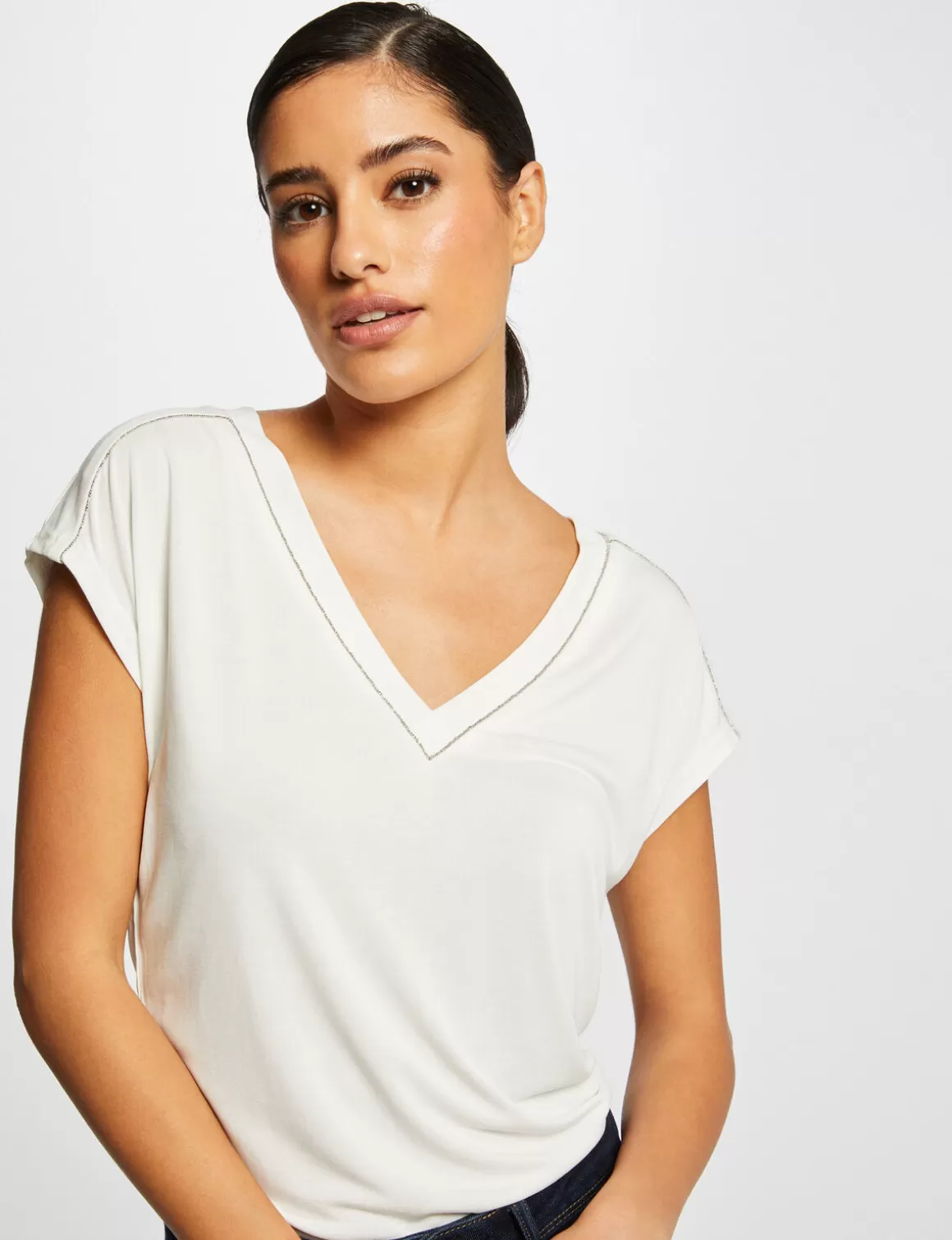 Morgan Tops Et T-Shirts>T-Shirt Manches Courtes A Col En V Femme | Ecru