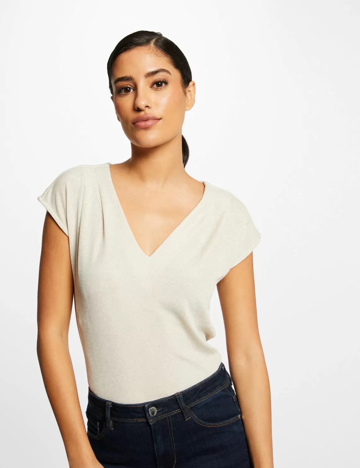 Morgan Tops Et T-Shirts>T-Shirt Manches Courtes A Col En V Femme | Ivoire
