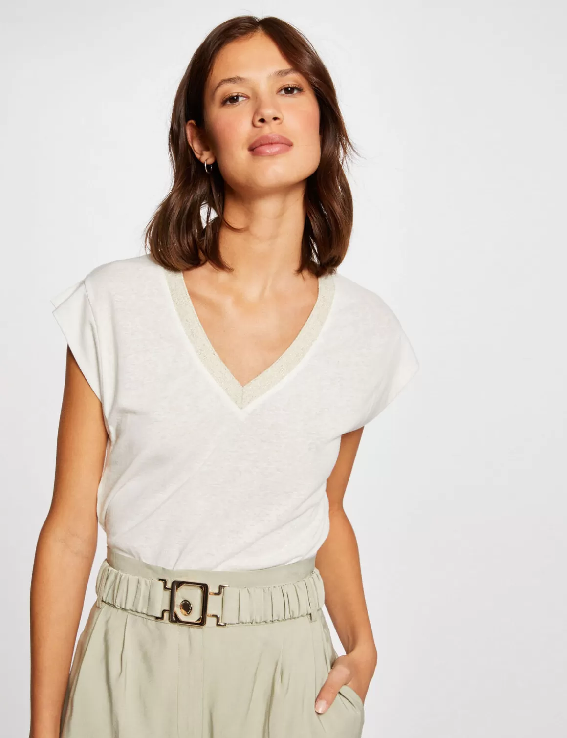 Morgan Tops Et T-Shirts>T-Shirt Manches Courtes A Col En V Femme | Ecru