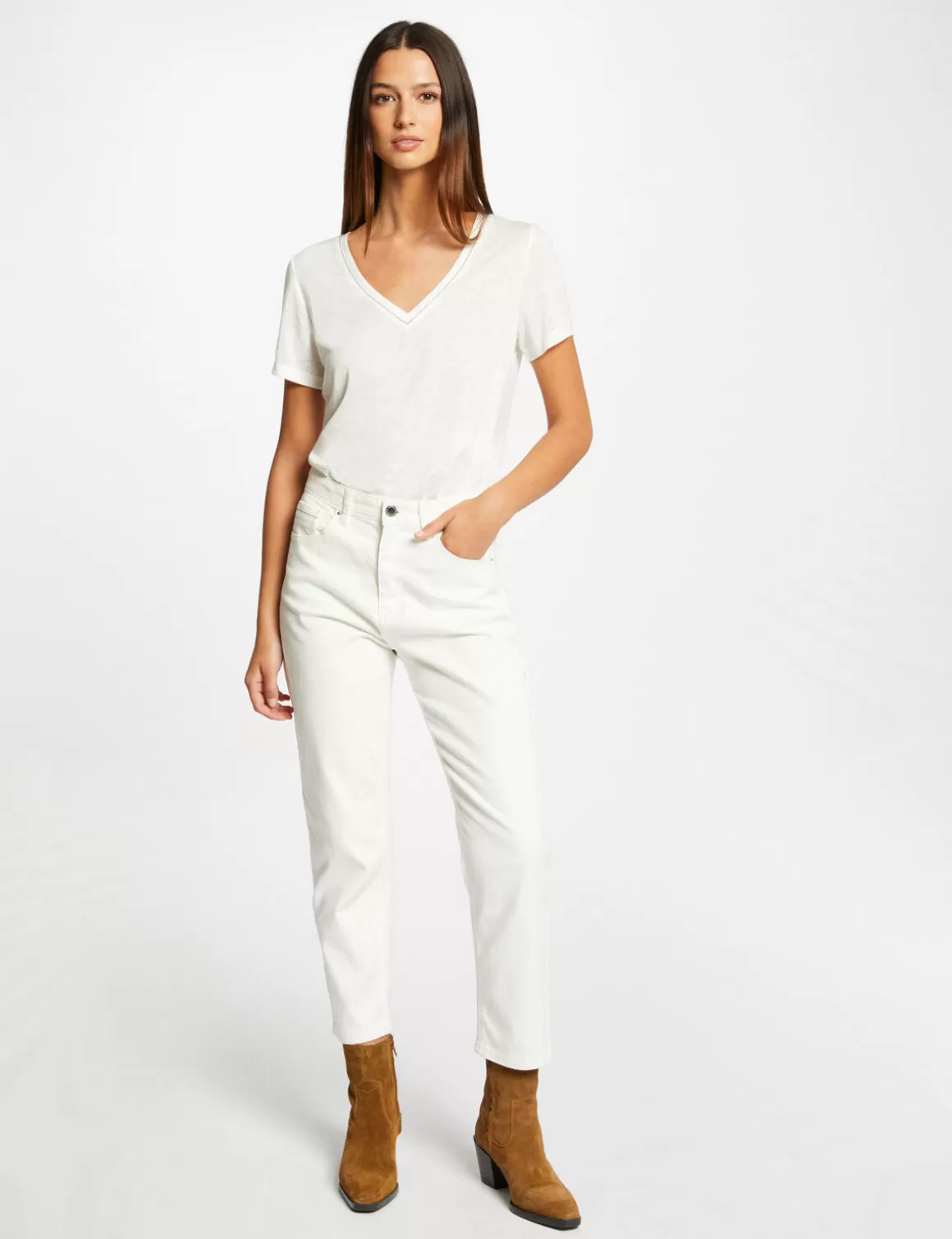 Morgan Tops Et T-Shirts>T-Shirt Manches Courtes A Col En V Femme | Ecru