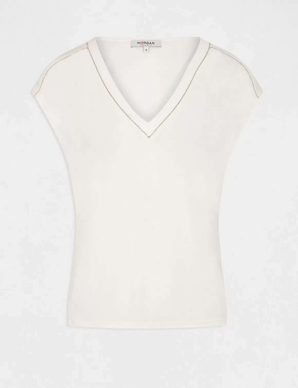 Morgan Tops Et T-Shirts>T-Shirt Manches Courtes A Col En V Femme | Ecru