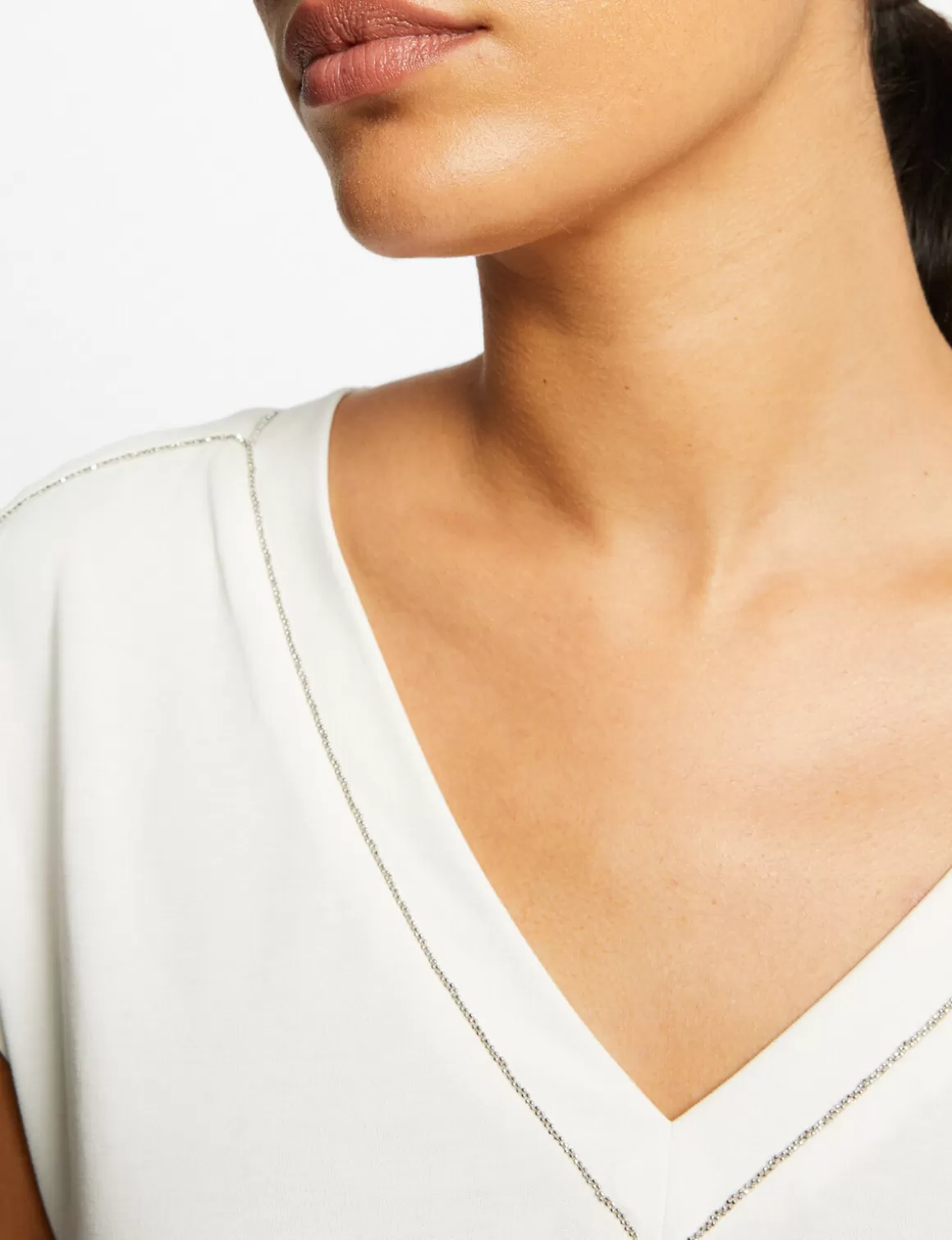 Morgan Tops Et T-Shirts>T-Shirt Manches Courtes A Col En V Femme | Ecru