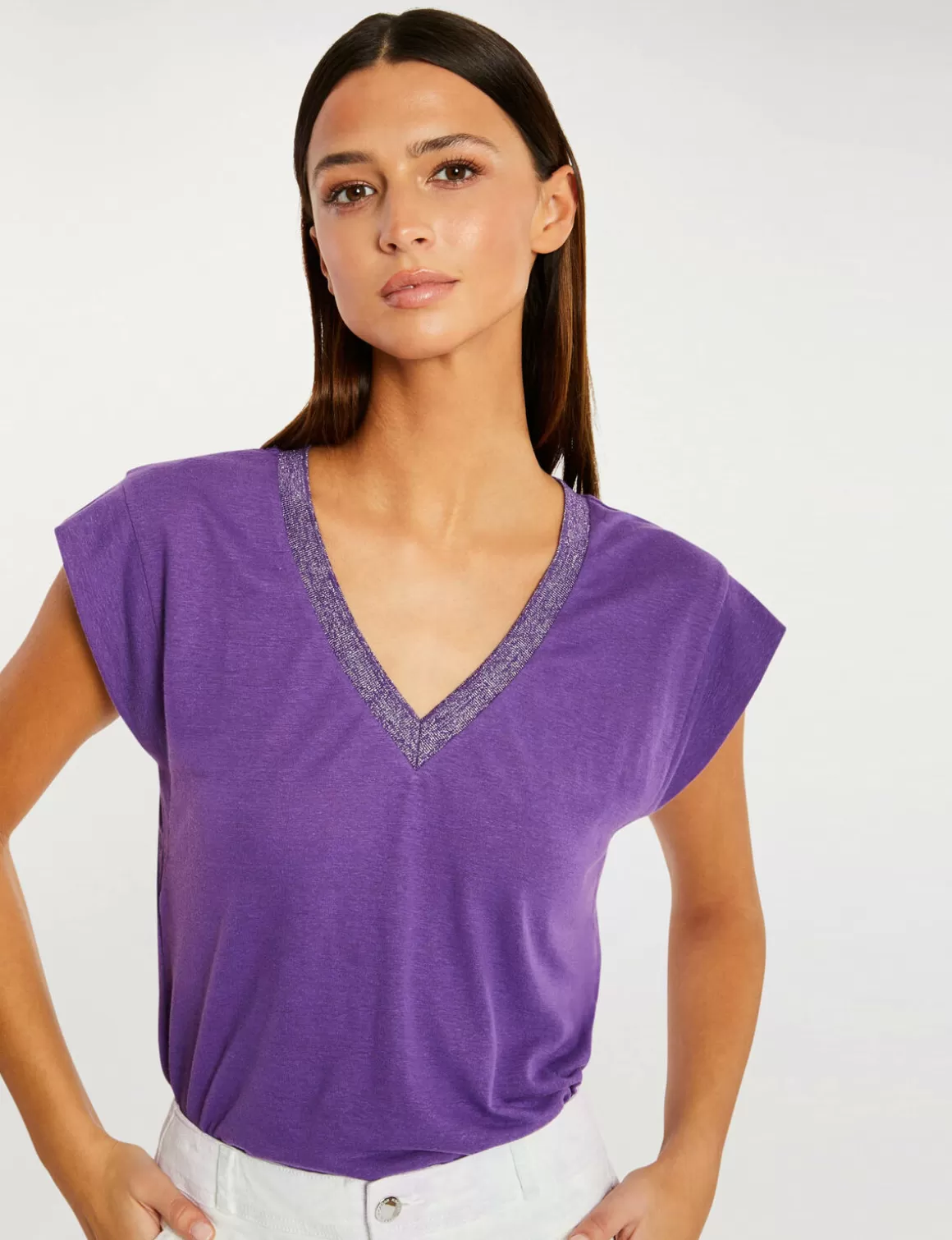 Morgan Tops Et T-Shirts>T-Shirt Manches Courtes A Col En V Violet Fonce Femme | Violet_Fonce