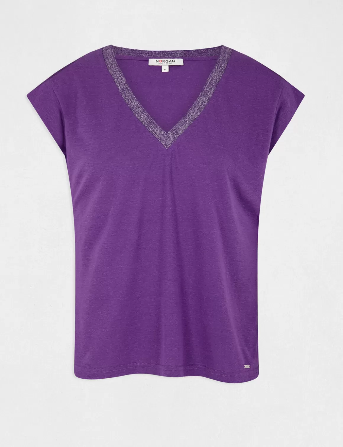 Morgan Tops Et T-Shirts>T-Shirt Manches Courtes A Col En V Violet Fonce Femme | Violet_Fonce