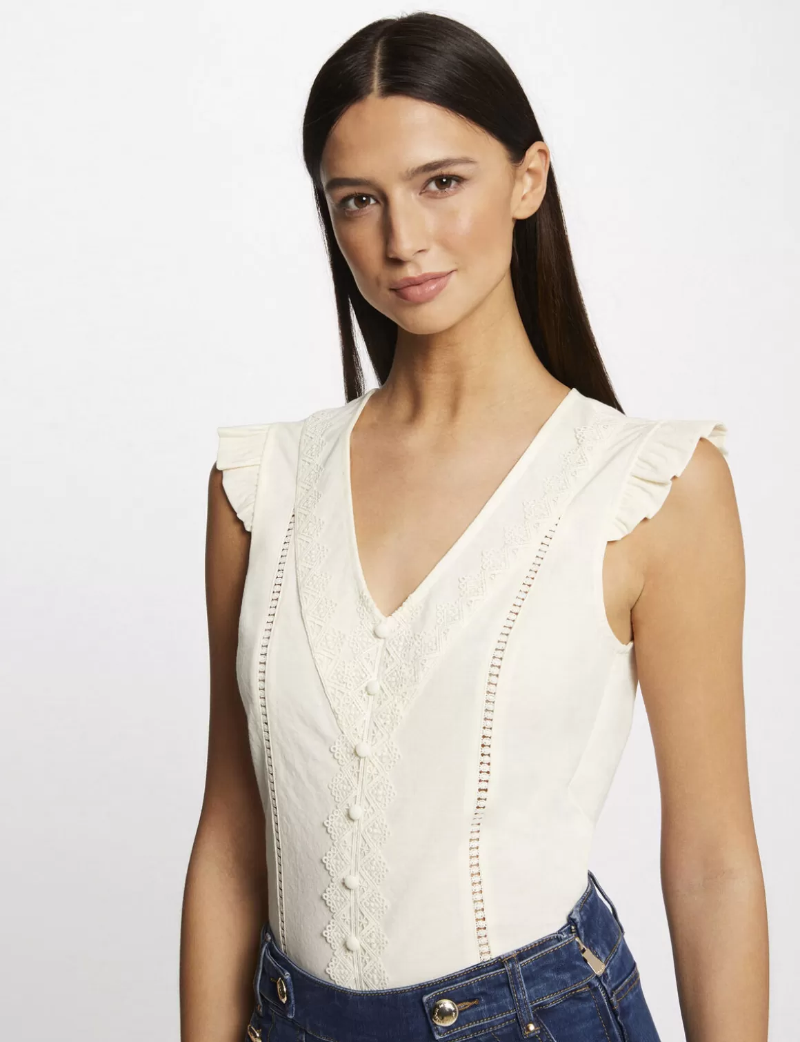 Morgan Tops Et T-Shirts>T-Shirt Manches Courtes A Dentelle Ecru Moyen Femme | Ecru_Moyen