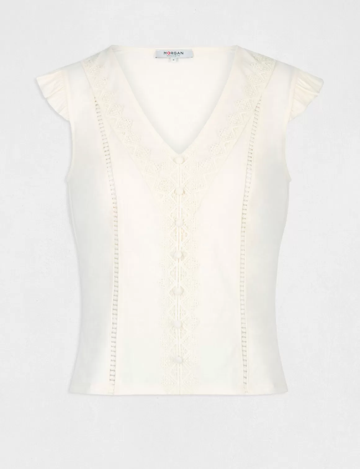 Morgan Tops Et T-Shirts>T-Shirt Manches Courtes A Dentelle Ecru Moyen Femme | Ecru_Moyen