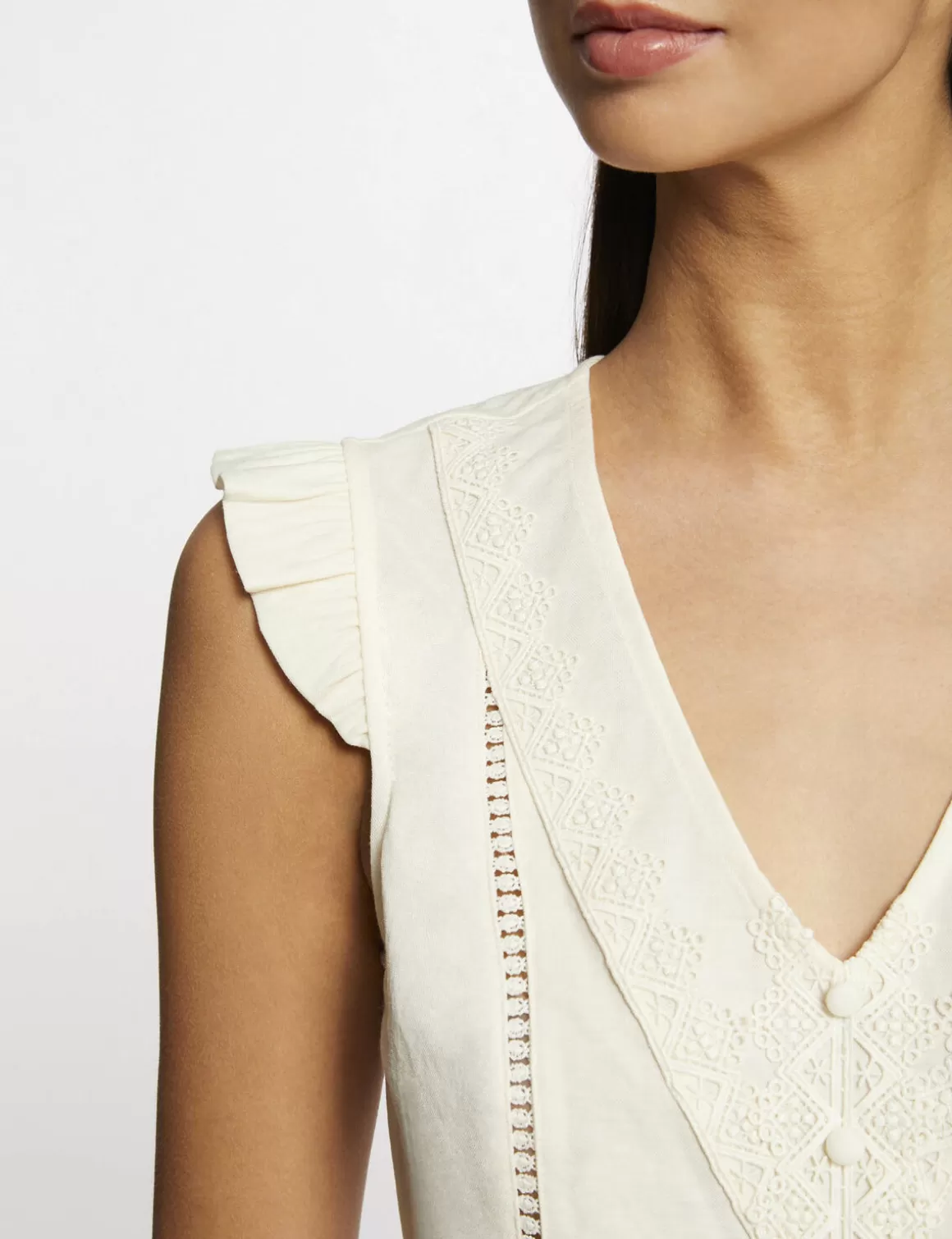 Morgan Tops Et T-Shirts>T-Shirt Manches Courtes A Dentelle Ecru Moyen Femme | Ecru_Moyen