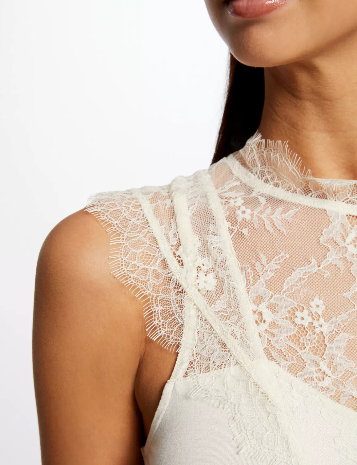 Morgan Tops Et T-Shirts>T-Shirt Manches Courtes A Dentelle Ecru Moyen Femme | Ecru_Moyen