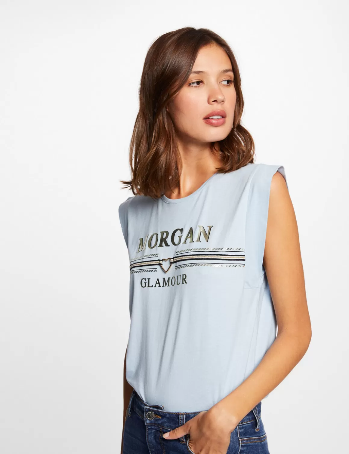 Morgan Tops Et T-Shirts>T-Shirt Manches Courtes A Inscription Femme | Ciel