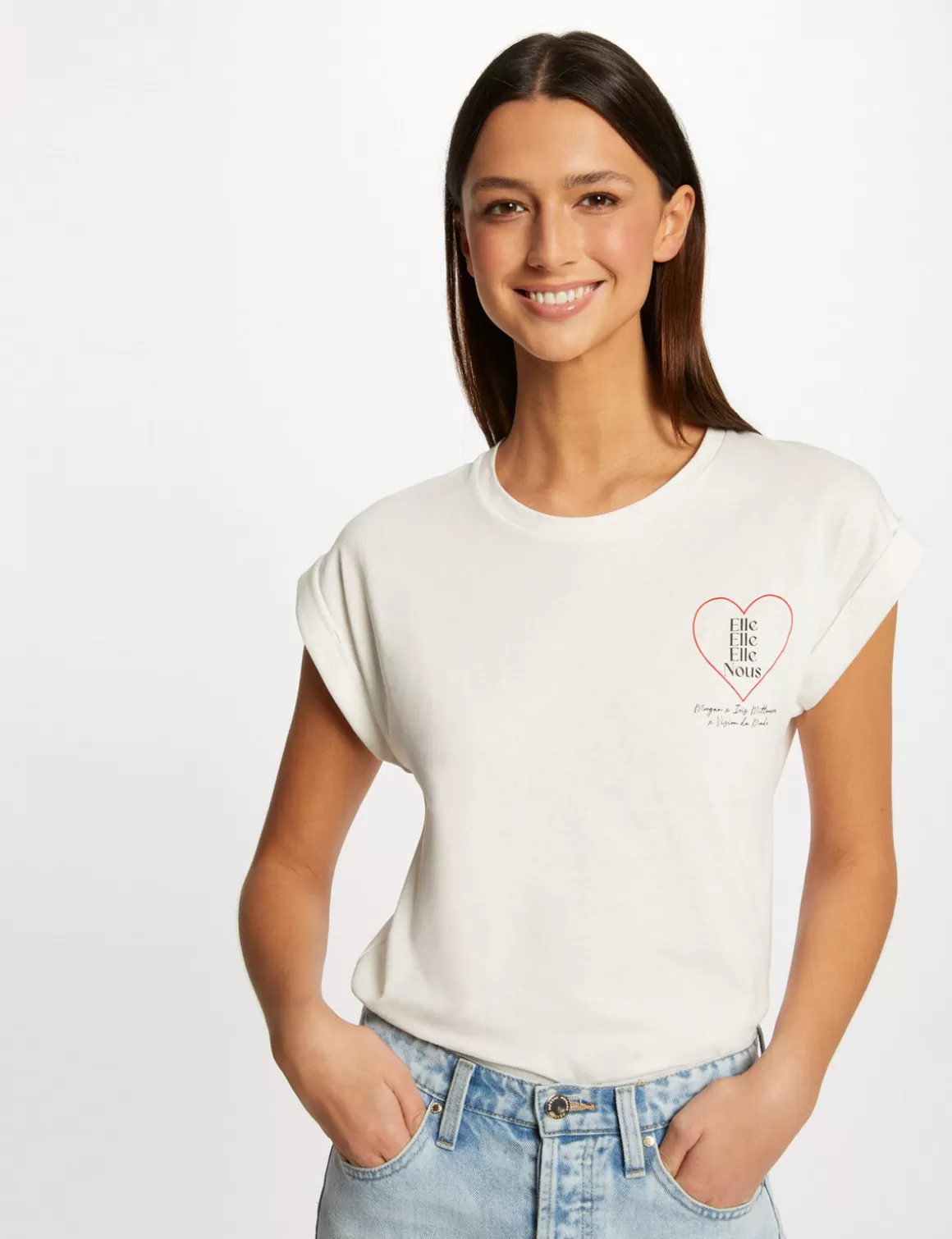 Morgan Tops Et T-Shirts>T-Shirt Manches Courtes A Inscription Femme | Ecru