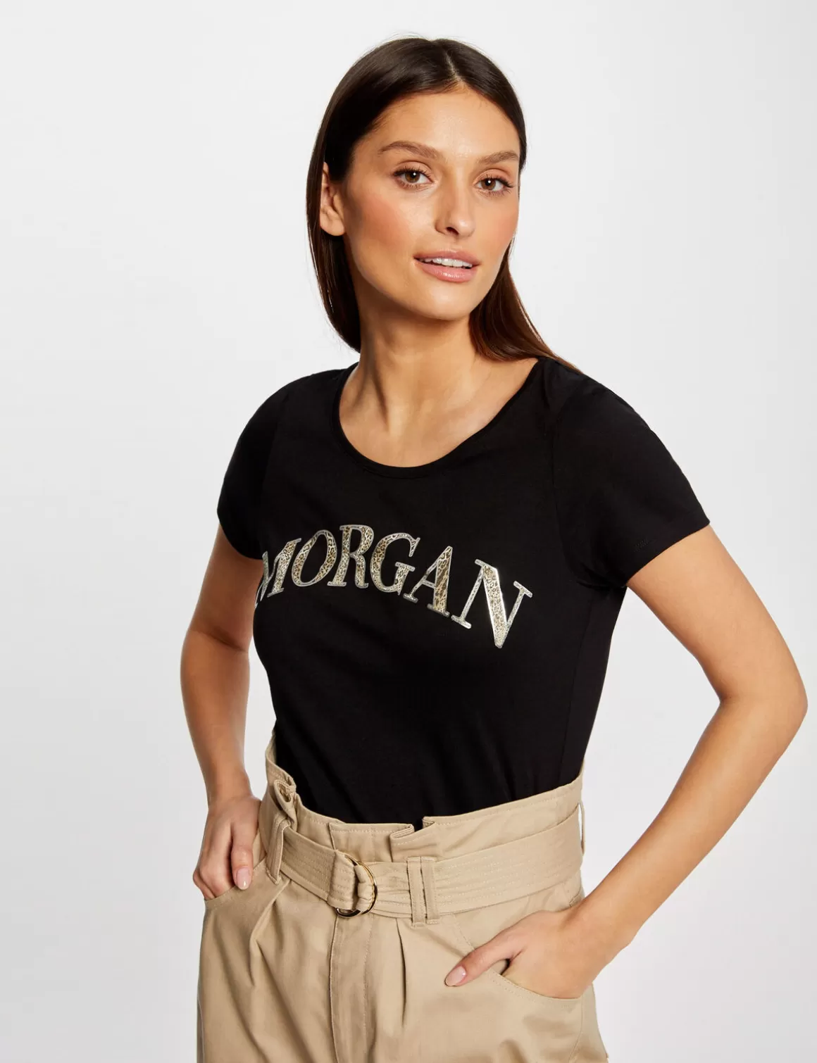 Morgan Tops Et T-Shirts>T-Shirt Manches Courtes A Inscription Femme | Noir