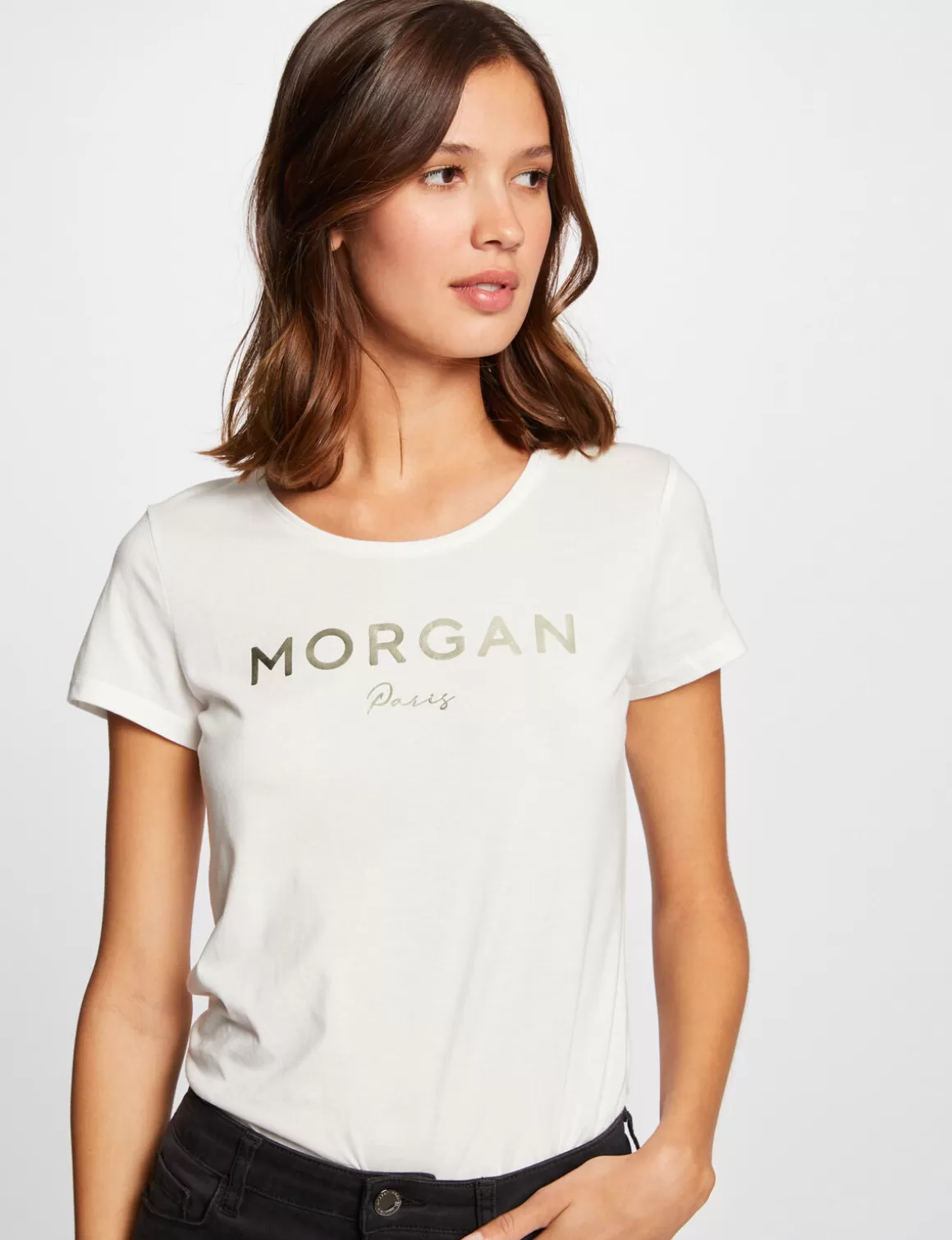 Morgan Tops Et T-Shirts>T-Shirt Manches Courtes A Inscription Femme | Ecru