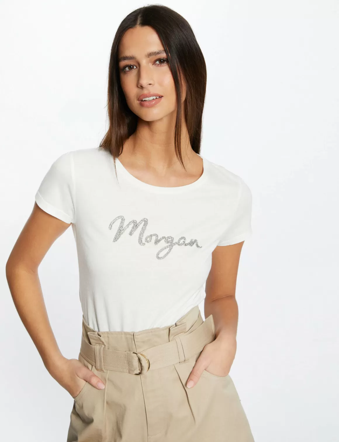 Morgan Tops Et T-Shirts>T-Shirt Manches Courtes A Inscription Femme | Ecru