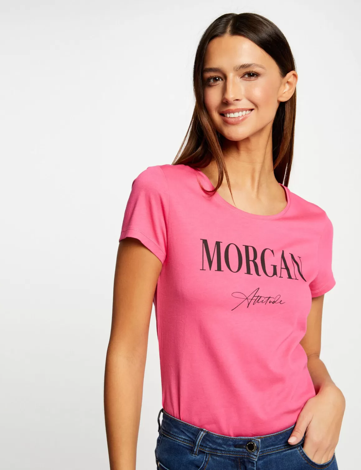 Morgan Tops Et T-Shirts>T-Shirt Manches Courtes A Inscription Femme | Fuchsia