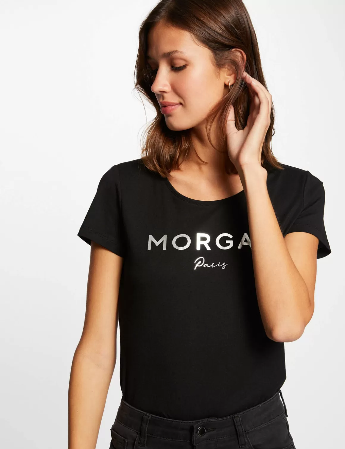 Morgan Tops Et T-Shirts>T-Shirt Manches Courtes A Inscription Femme | Noir