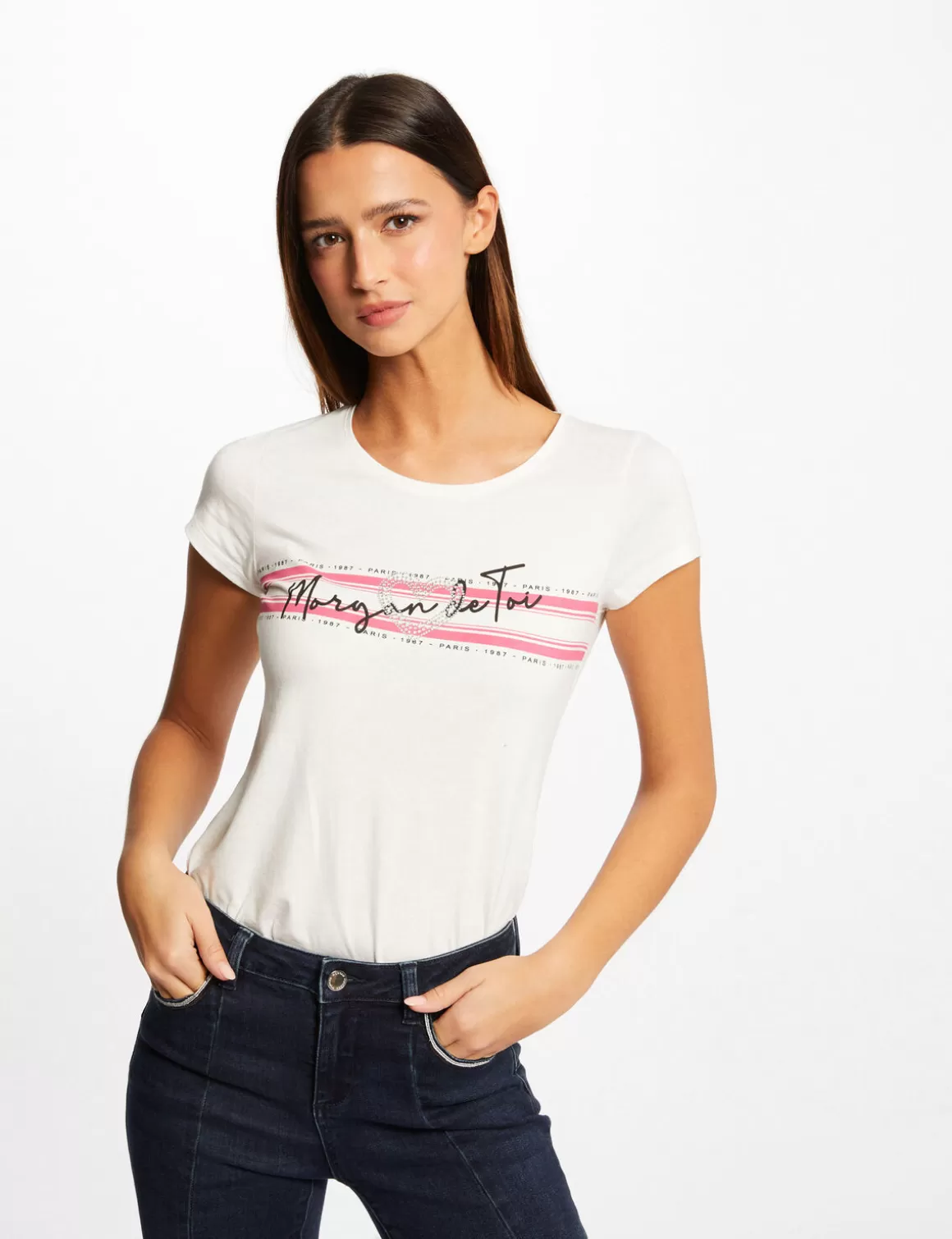 Morgan Tops Et T-Shirts>T-Shirt Manches Courtes A Inscription Femme | Fuchsia