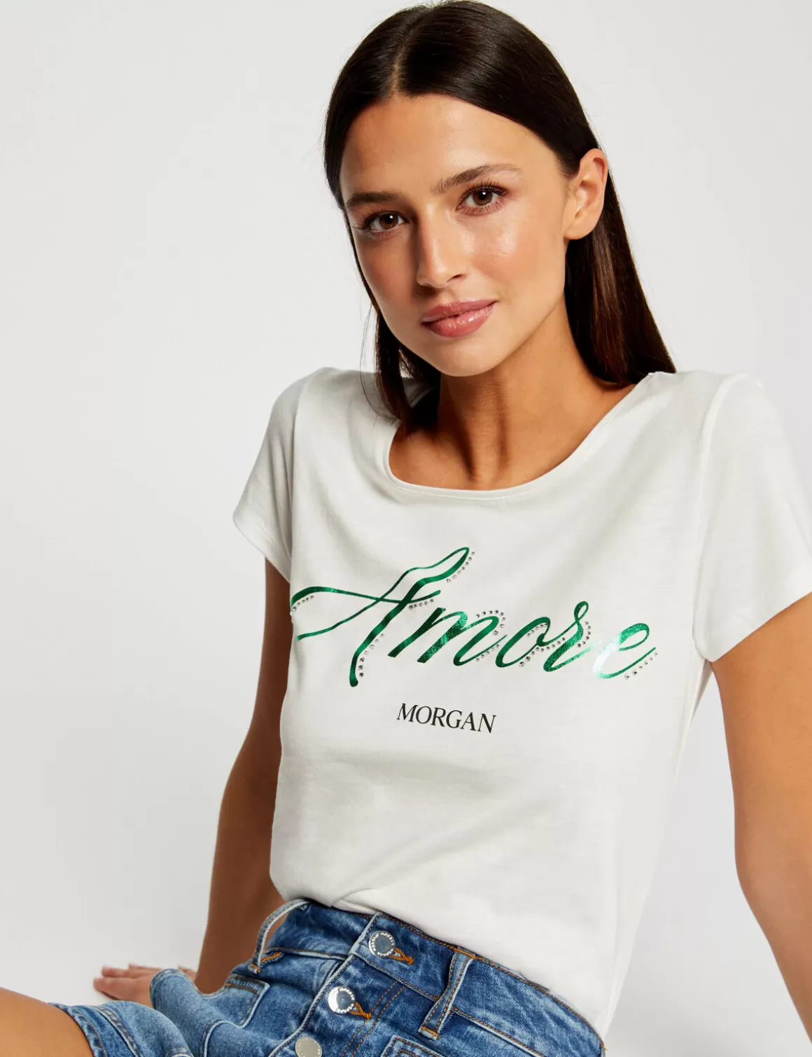 Morgan Tops Et T-Shirts>T-Shirt Manches Courtes A Inscription Femme | Ecru