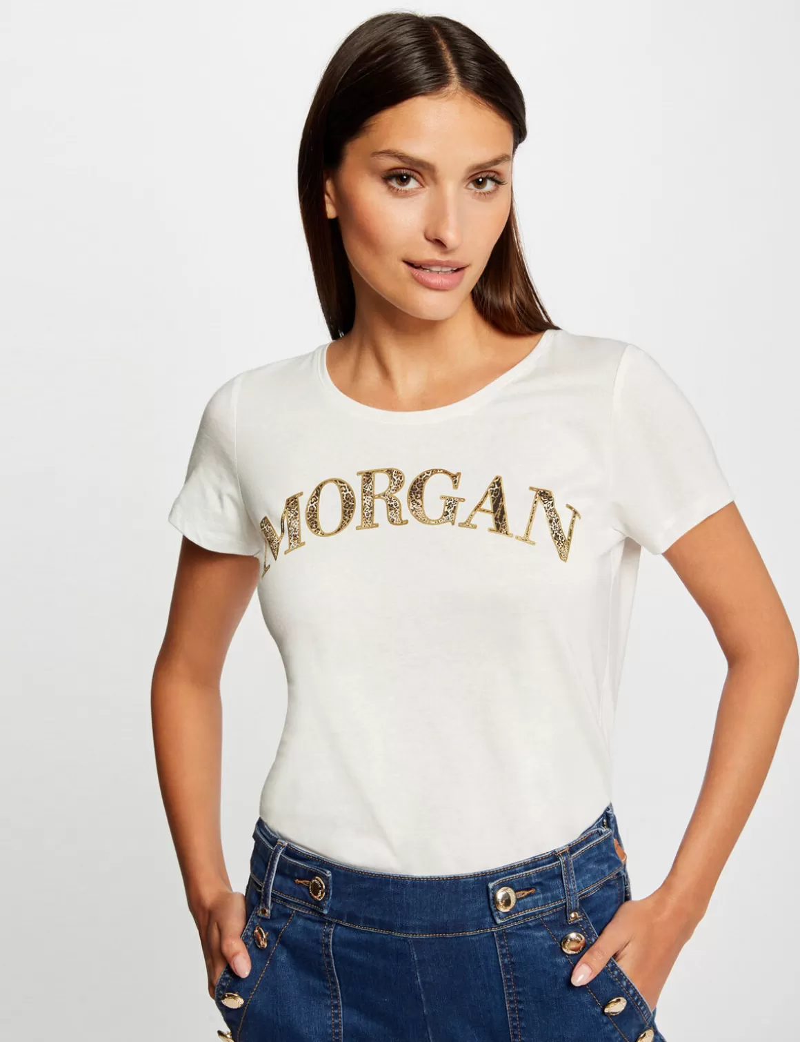 Morgan Tops Et T-Shirts>T-Shirt Manches Courtes A Inscription Femme | Ecru