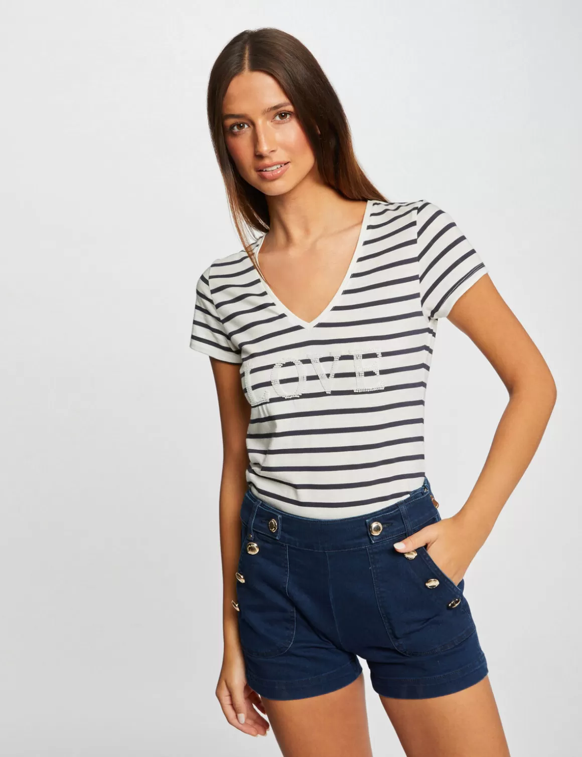 Morgan Tops Et T-Shirts>T-Shirt Manches Courtes A Rayures Femme | Marine