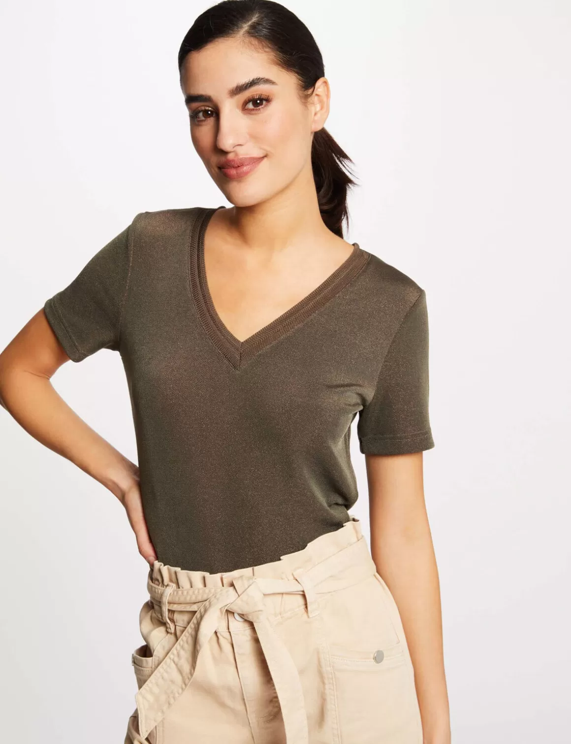 Morgan Tops Et T-Shirts>T-Shirt Manches Courtes Avec Col En V Femme | Taupe