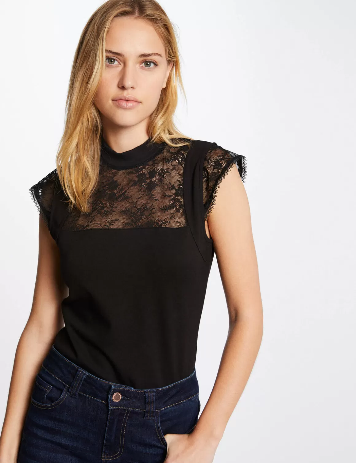 Morgan Tops Et T-Shirts>T-Shirt Manches Courtes Avec Dentelle Femme | Noir