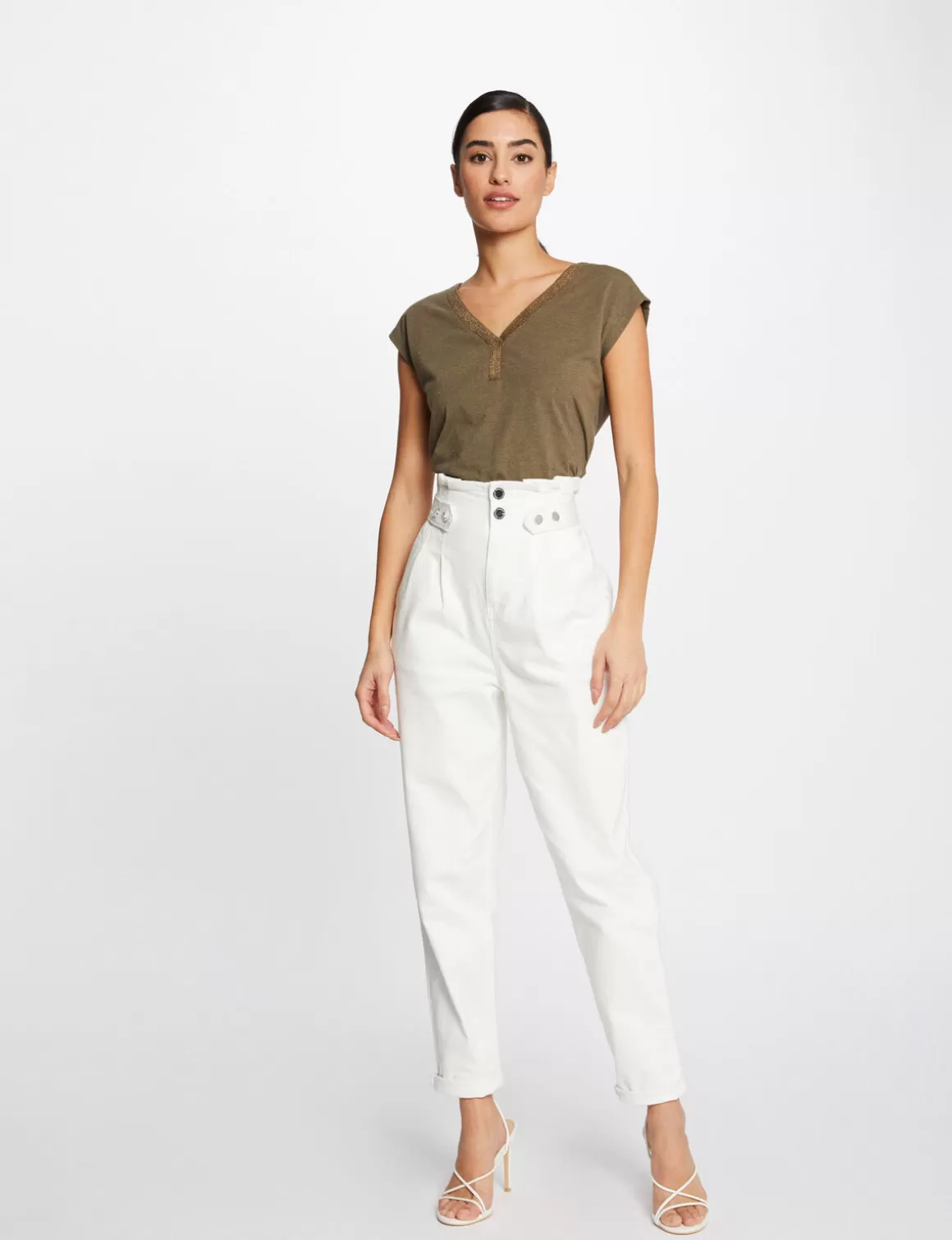 Morgan Tops Et T-Shirts>T-Shirt Manches Courtes Bande Encolure Vert Kaki Femme | Vert_Kaki