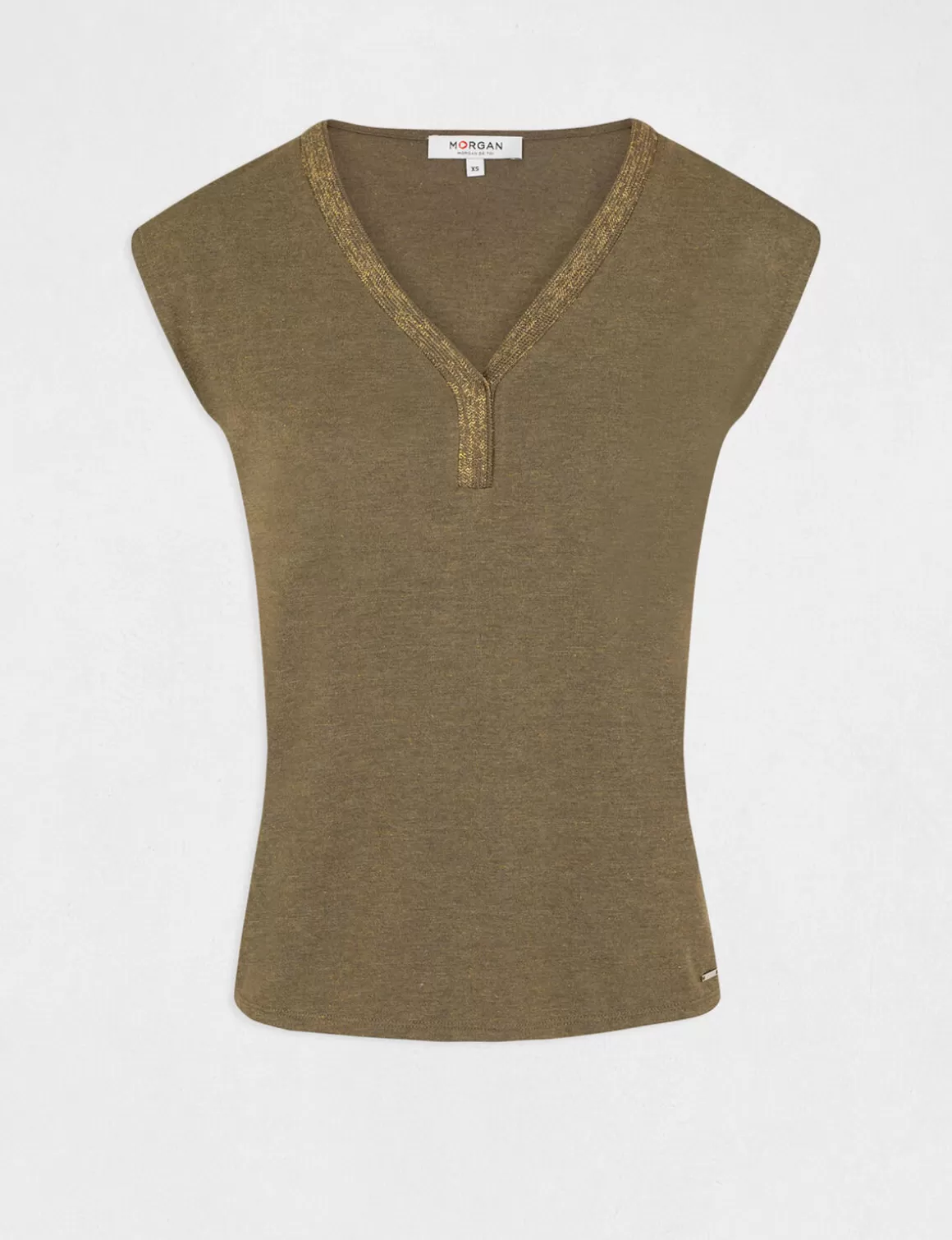 Morgan Tops Et T-Shirts>T-Shirt Manches Courtes Bande Encolure Vert Kaki Femme | Vert_Kaki