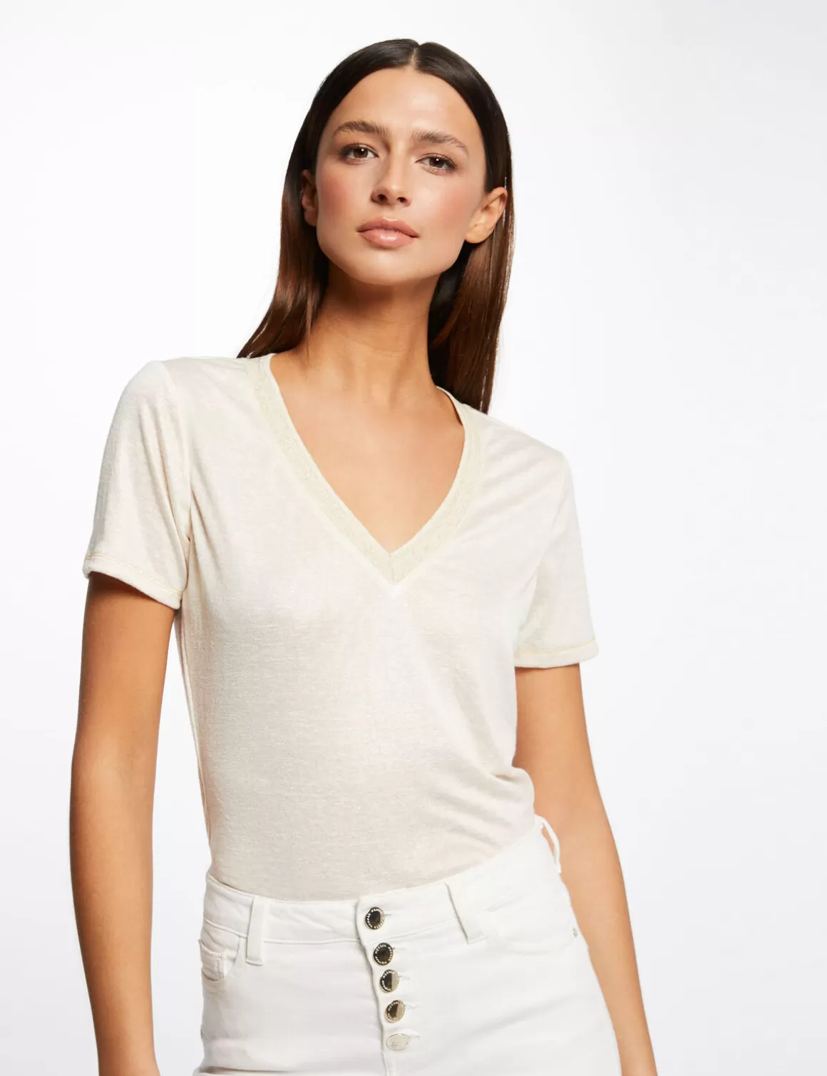 Morgan Tops Et T-Shirts>T-Shirt Manches Courtes Col En V Femme | Ivoire