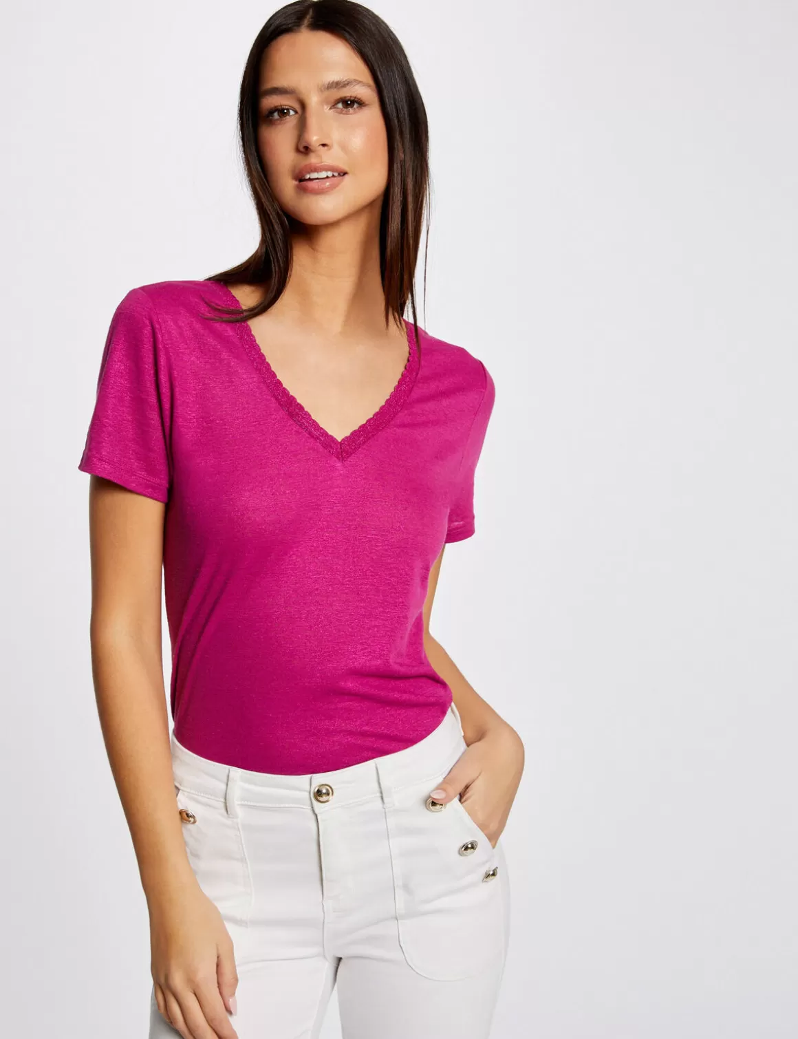 Morgan Tops Et T-Shirts>T-Shirt Manches Courtes Col En V Femme | Framboise