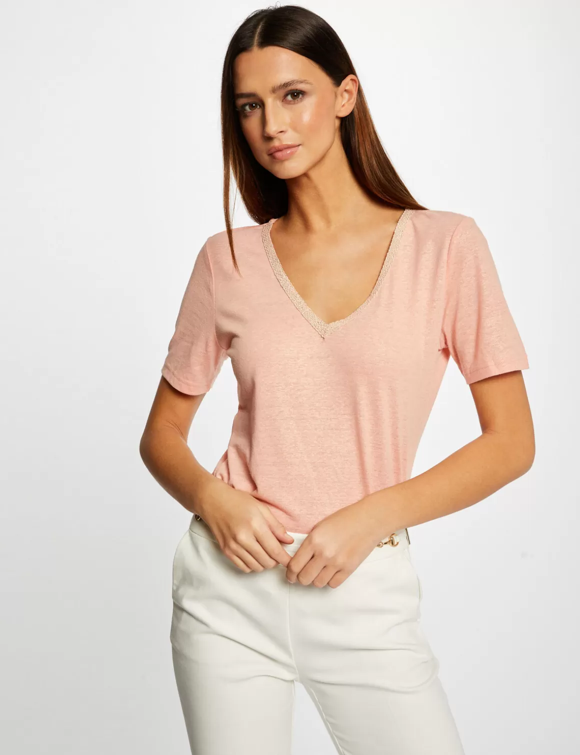 Morgan Tops Et T-Shirts>T-Shirt Manches Courtes Col En V Rose Moyen Femme | Rose_Moyen