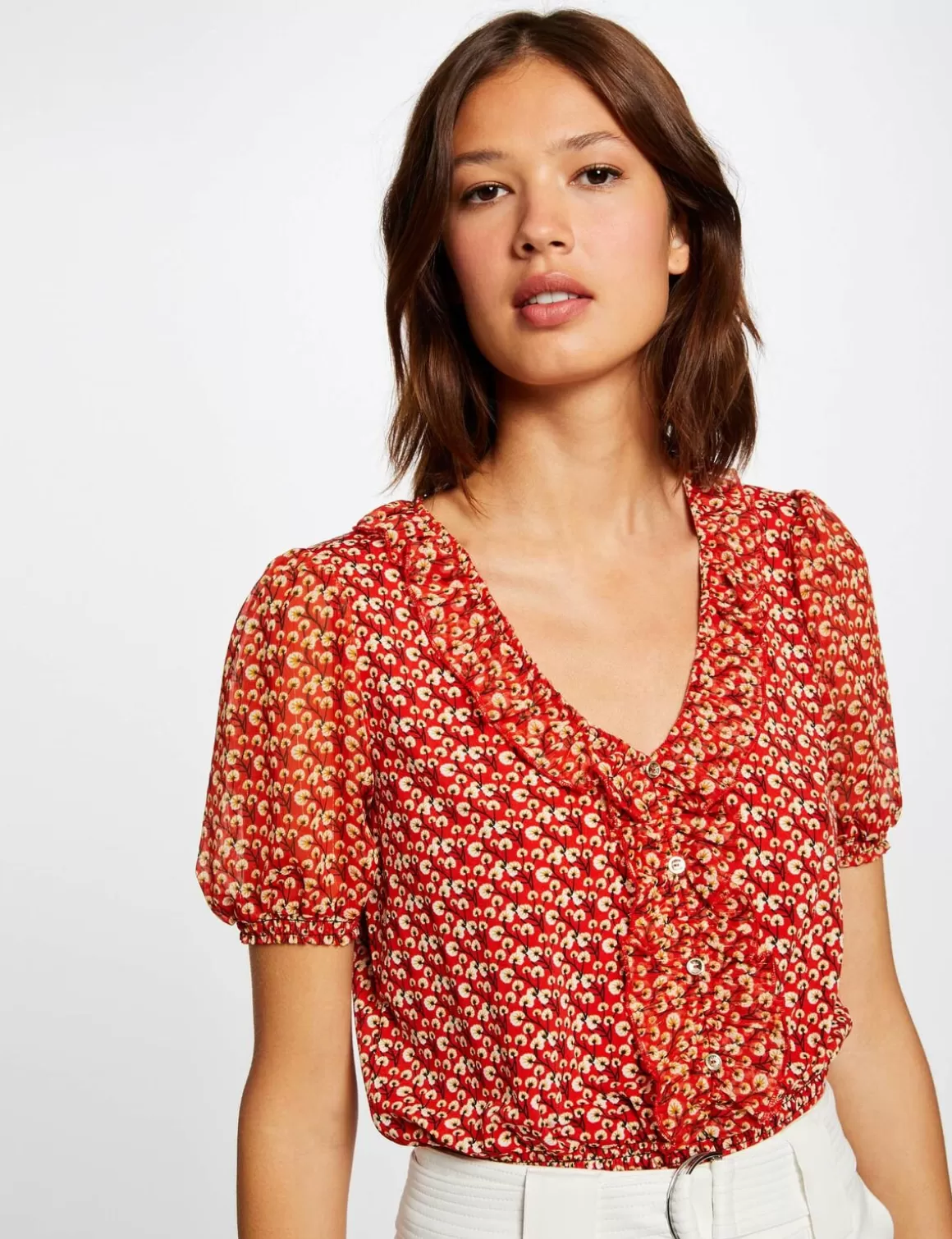 Morgan Tops Et T-Shirts>T-Shirt Manches Courtes Imprime Vegetal Femme | Rouge