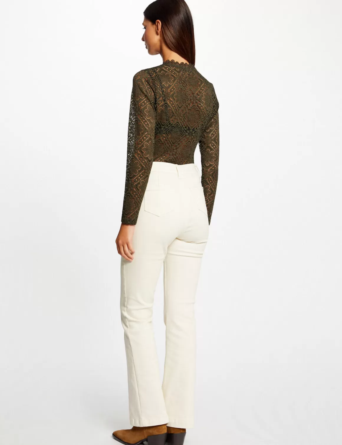 Morgan Tops Et T-Shirts>T-Shirt Manches Longues En Dentelle Vert Fonce Femme | Vert_Fonce