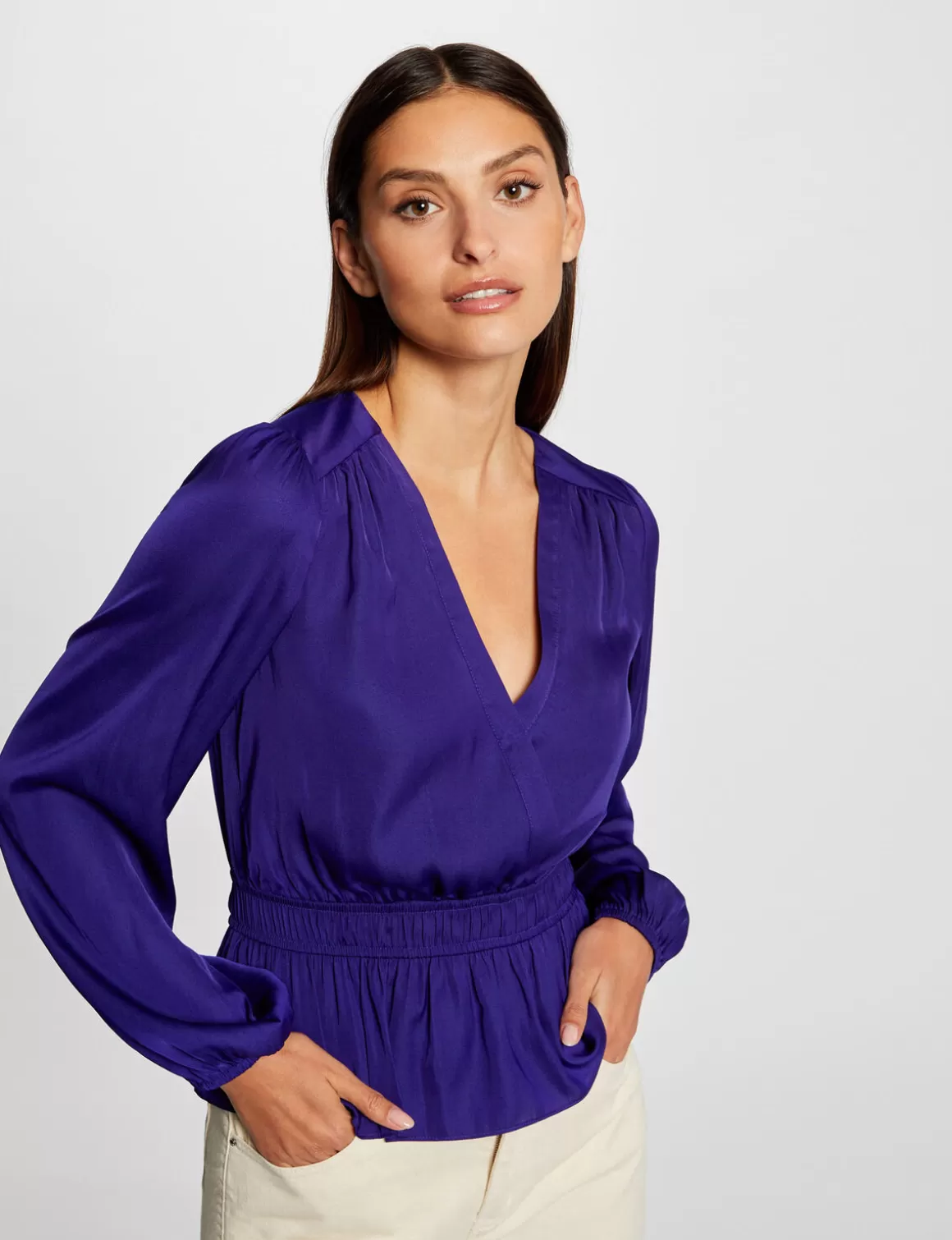 Morgan Chemises Et Blouses>T-Shirt Manches Longues Satin Bleu Moyen Femme | Bleu_Moyen