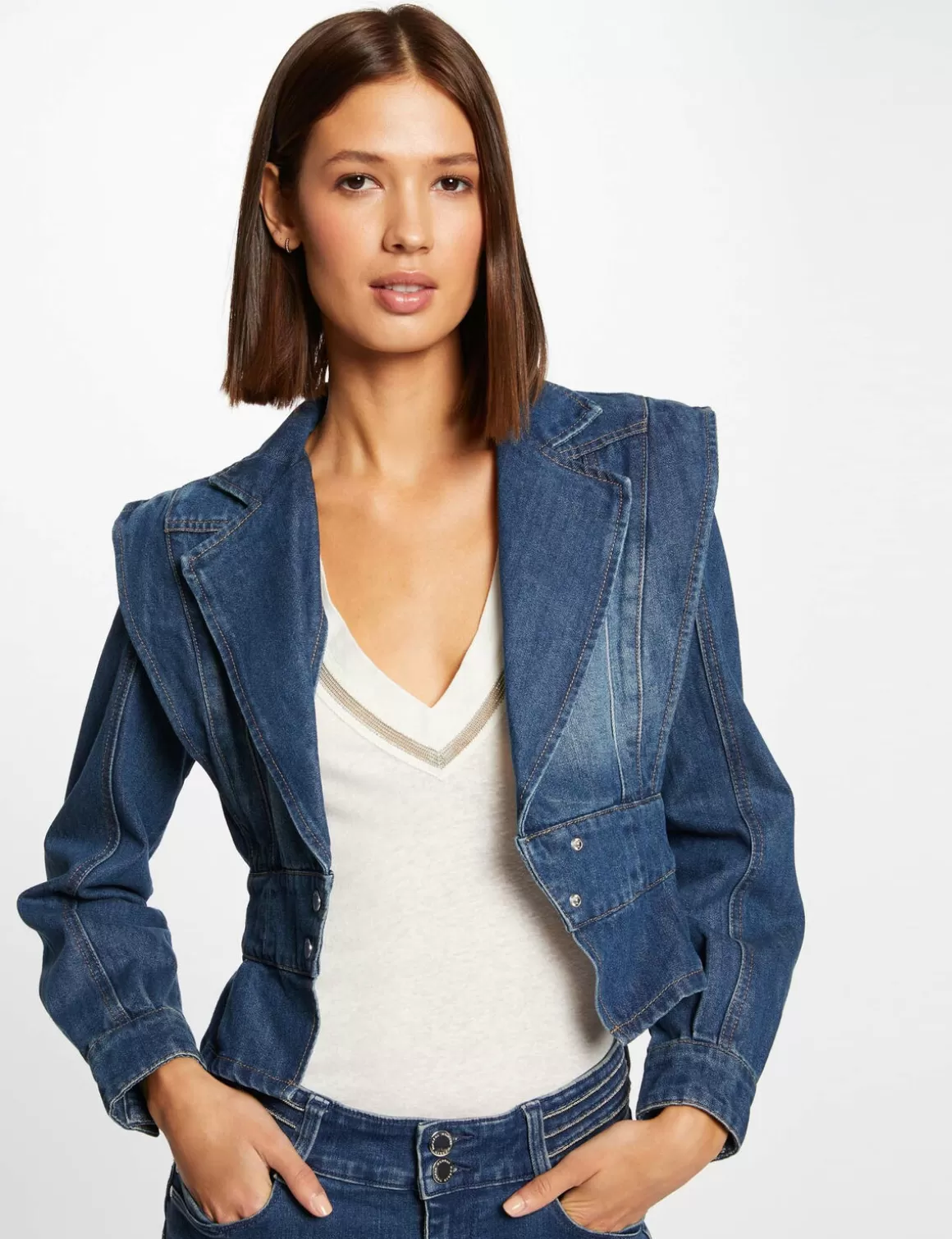 Morgan Vestes Et Blousons>Veste Cintree En Jean Avec Epaulettes Jean Stone Femme | Jean_Stone